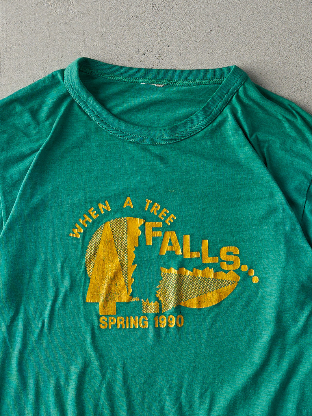 Vintage 70s Bright Green "When A Tree Falls" Single Stitch Tee (M)