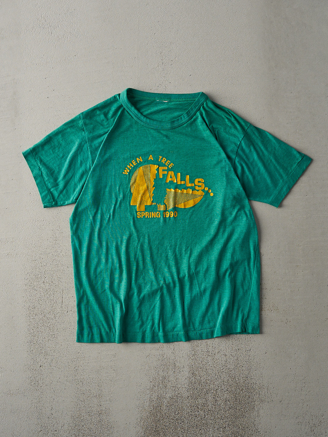 Vintage 70s Bright Green "When A Tree Falls" Single Stitch Tee (M)