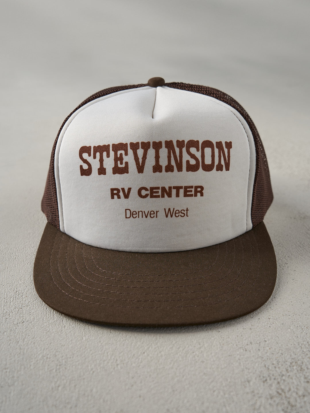 Vintage 70s Black and White Stevinson RV Center Foam Trucker Hat