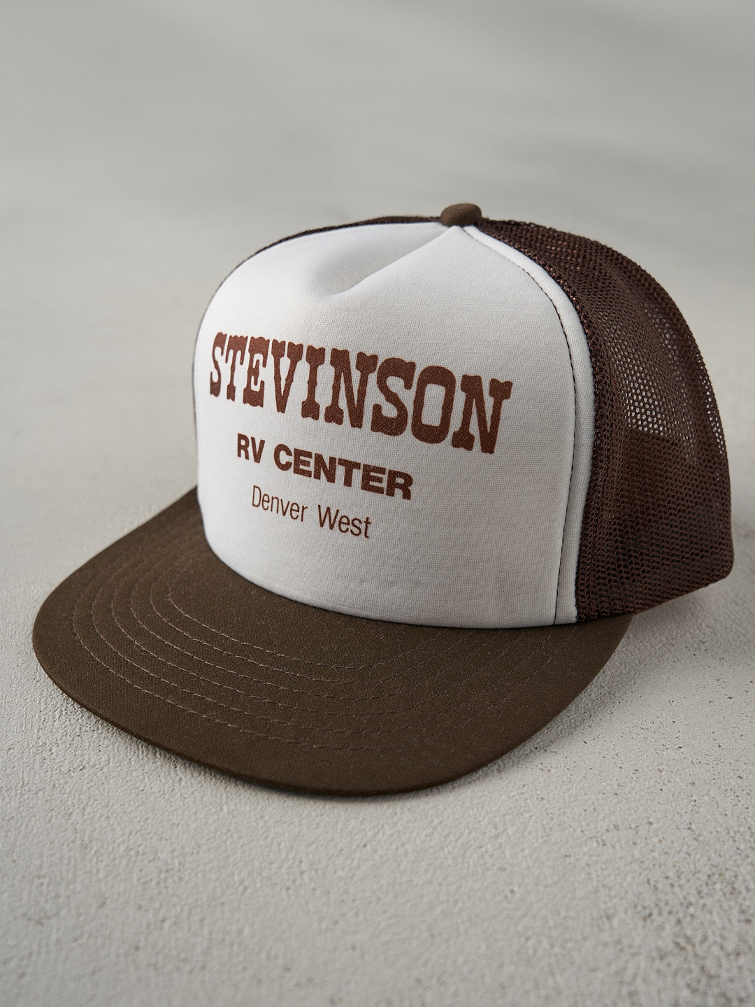 Vintage 70s Black and White Stevinson RV Center Foam Trucker Hat