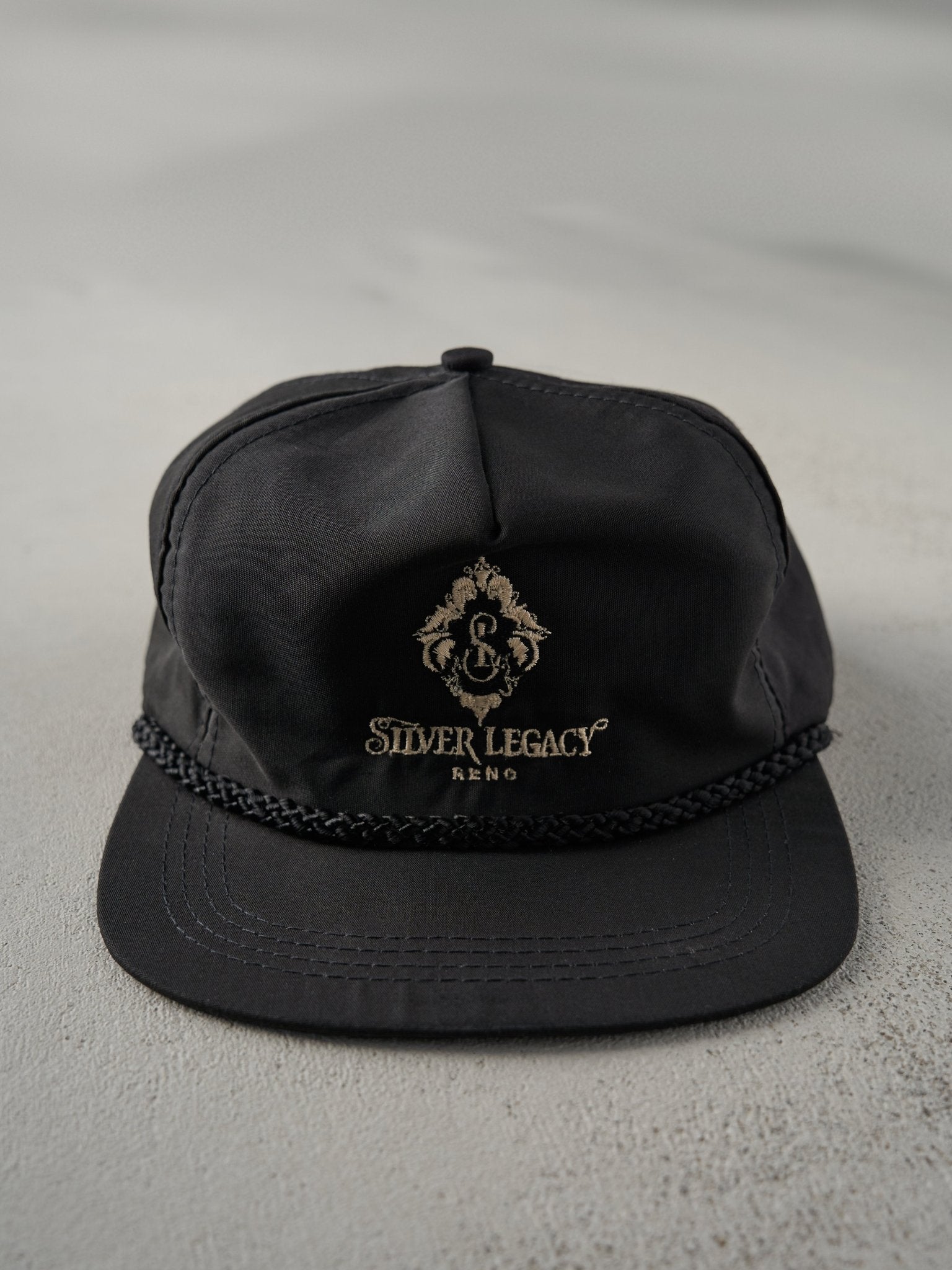 Vintage 80s Black Silver Legacy Reno Leather Strapback Hat