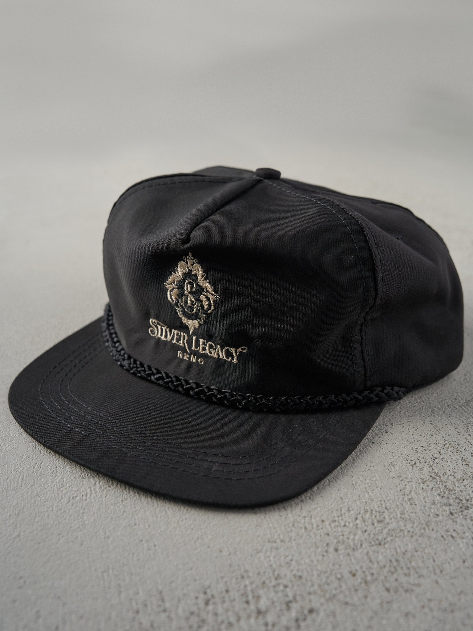 Vintage 80s Black Silver Legacy Reno Leather Strapback Hat