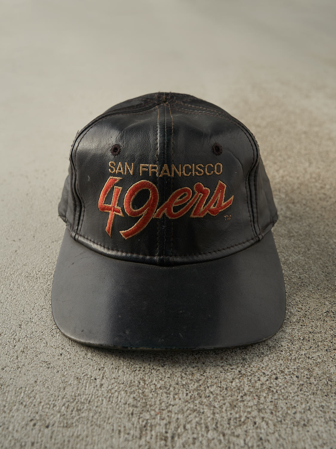 Vintage 90s RARE Black Leather San Francisco 49ers Double Line Script Sports Specialties Leather Strapback