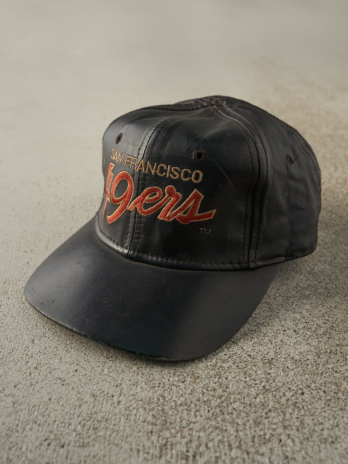Vintage 90s RARE Black Leather San Francisco 49ers Double Line Script Sports Specialties Leather Strapback