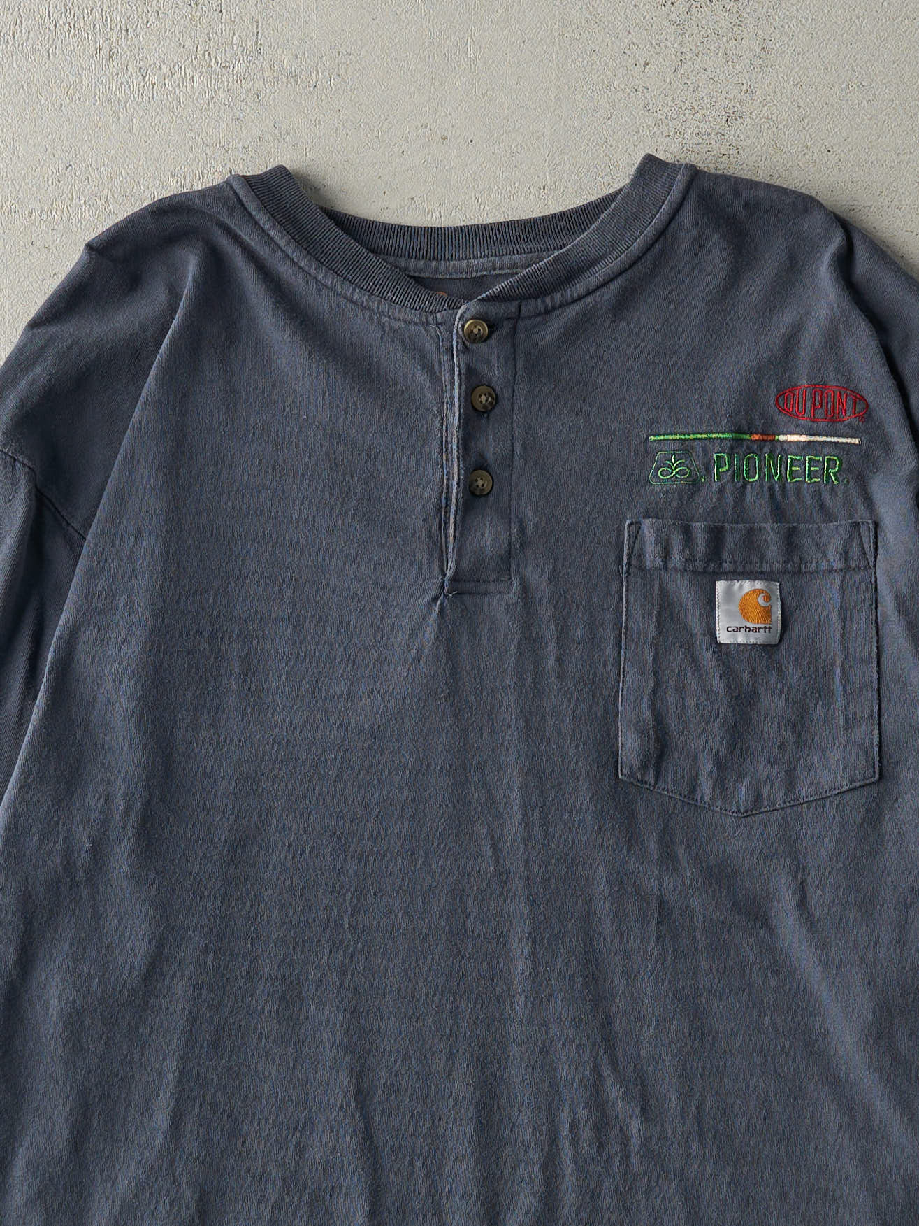 Vintage Y2K Navy Blue Carhartt Quarter Button Pocket Long Sleeve (L/XL)