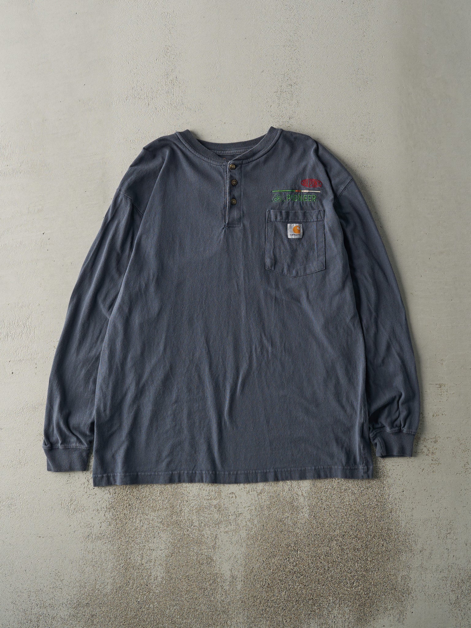 Vintage Y2K Navy Blue Carhartt Quarter Button Pocket Long Sleeve (L/XL)