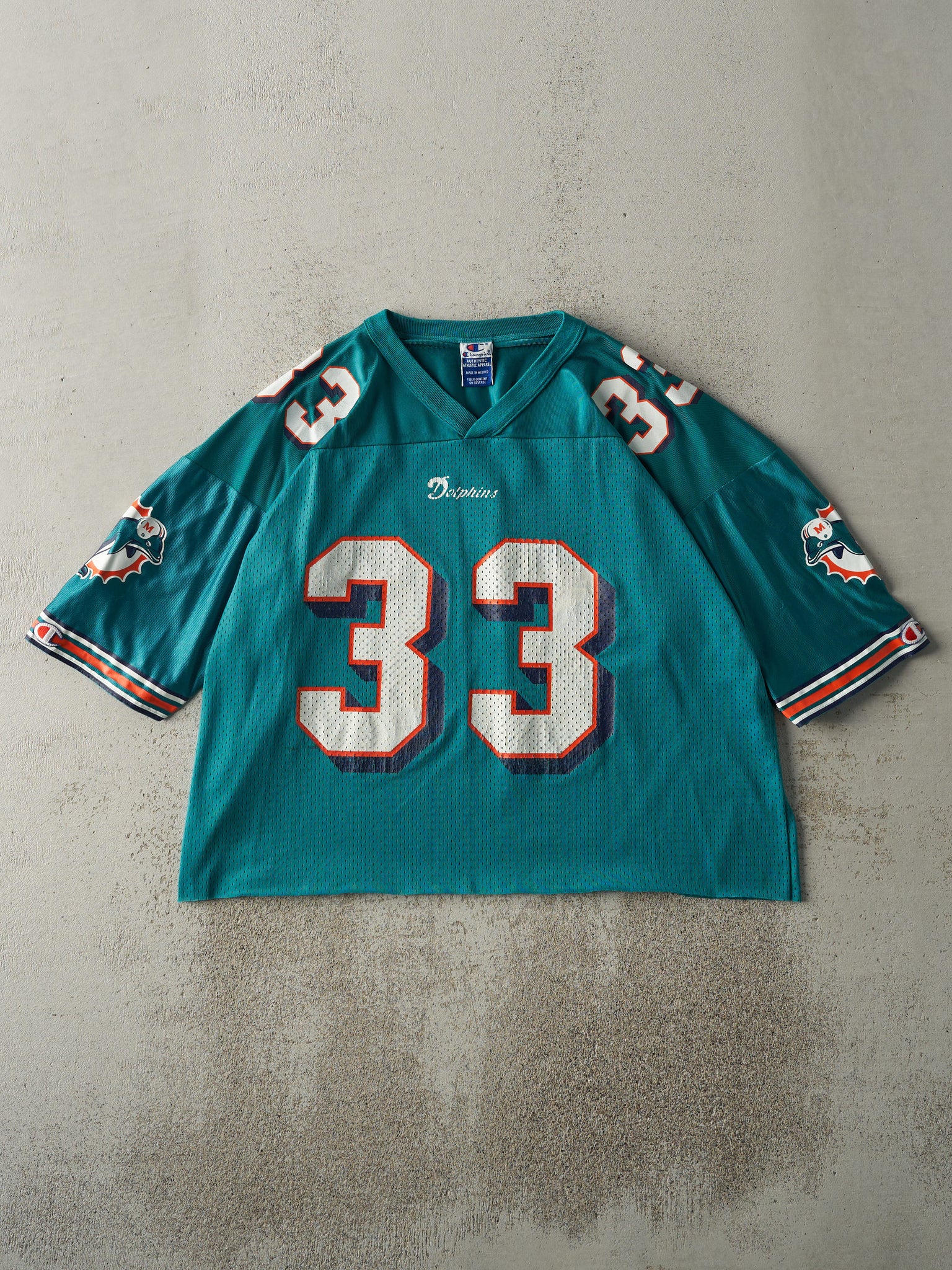 Vintage 90s Teal Miami Dolphins #33 Karim Abdul-Jabbar Cropped Football Jersey (L)