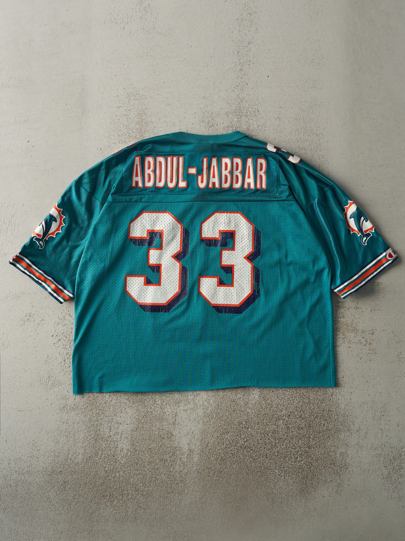 Vintage 90s Teal Miami Dolphins #33 Karim Abdul-Jabbar Cropped Football Jersey (L)