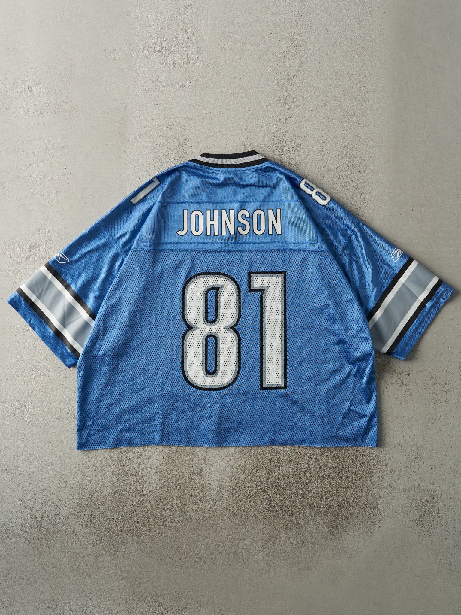 Vintage Y2K Blue Detroit Lions #81 Calvin Johnson Cropped Football Jersey (XXL)