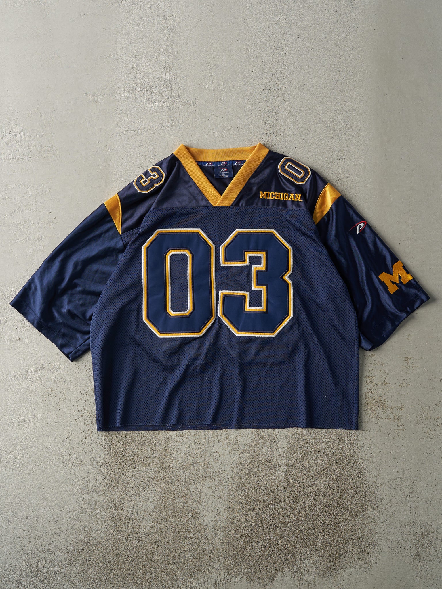 Vintage Y2K Navy Blue University of Michigan Wolverines #03 Cropped Football Jersey (L)