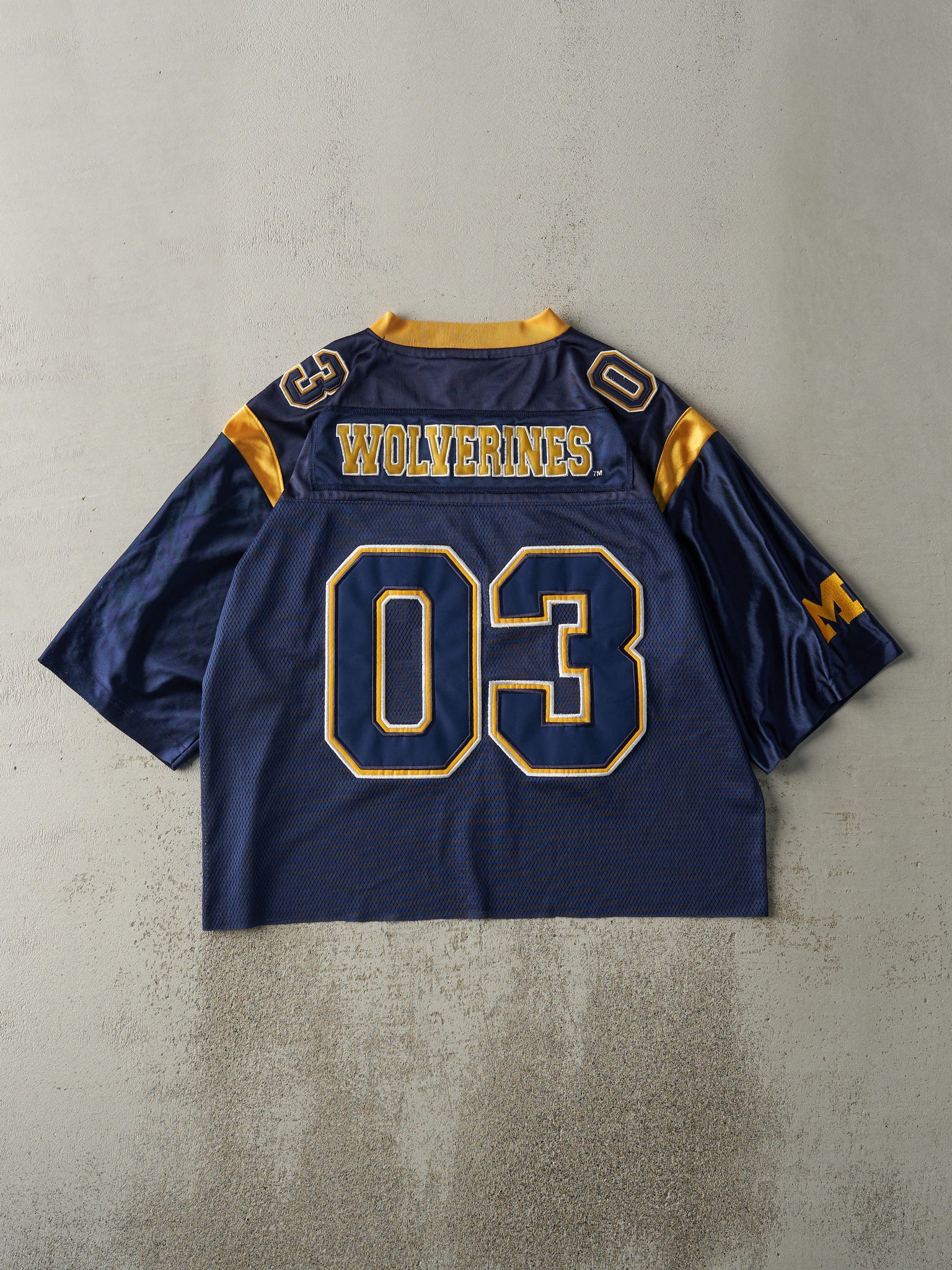 Vintage Y2K Navy Blue University of Michigan Wolverines #03 Cropped Football Jersey (L)