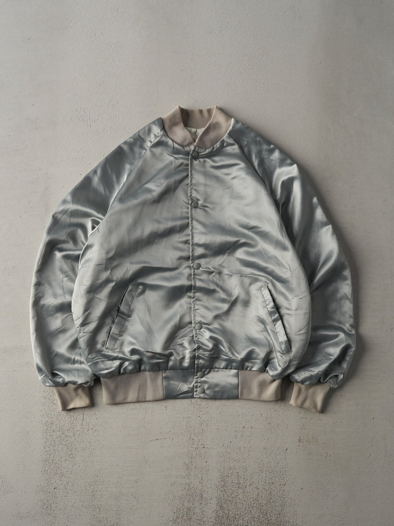 Vintage 70s Silver Upstate New York Thunderbird Club Satin Bomber (M)