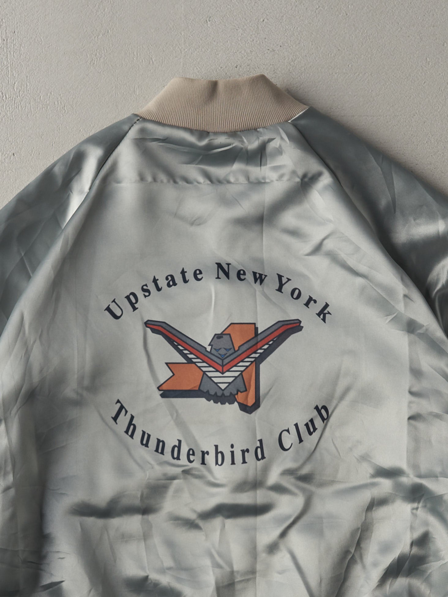 Vintage 70s Silver Upstate New York Thunderbird Club Satin Bomber (M)