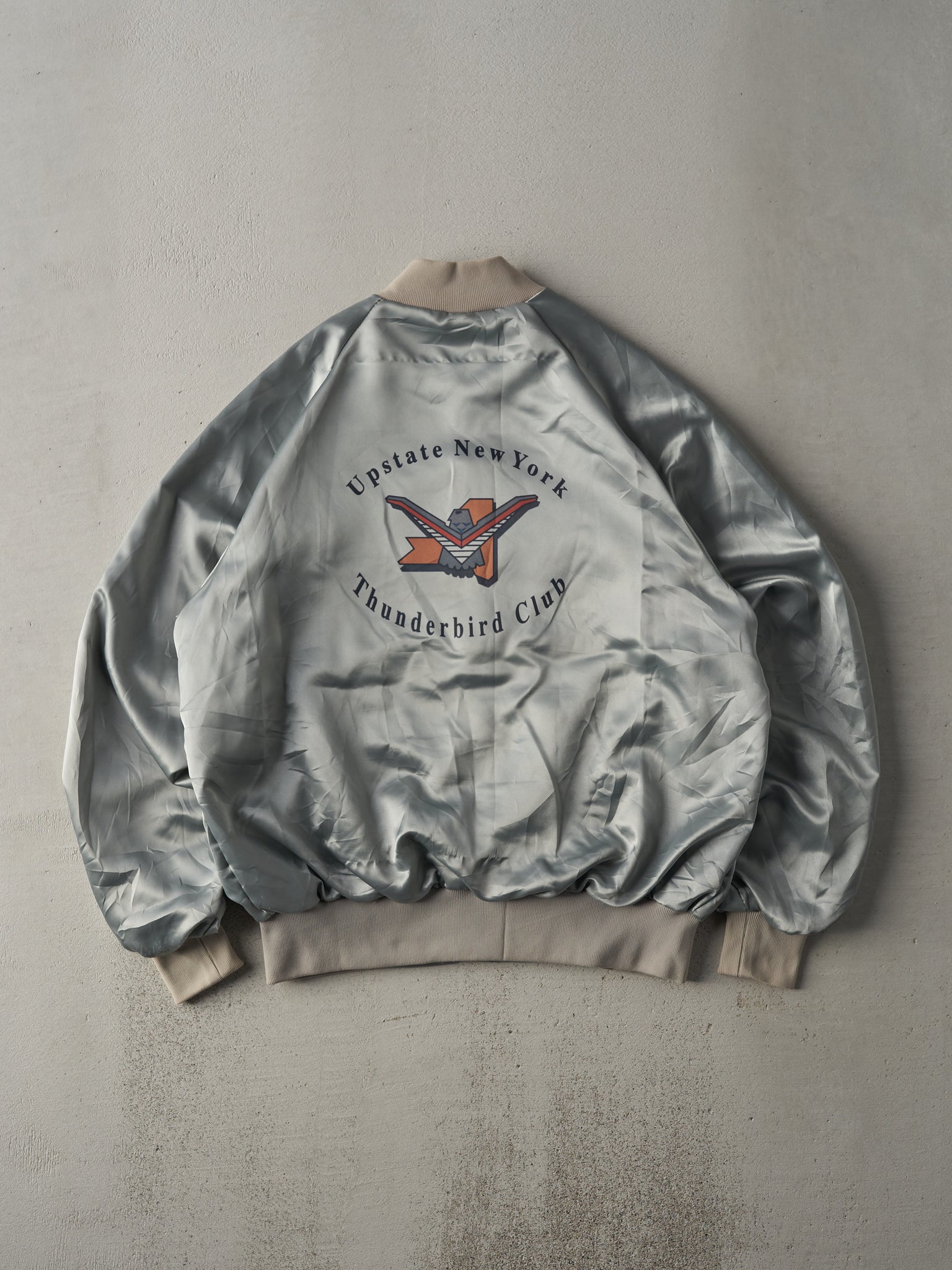 Vintage 70s Silver Upstate New York Thunderbird Club Satin Bomber (M)