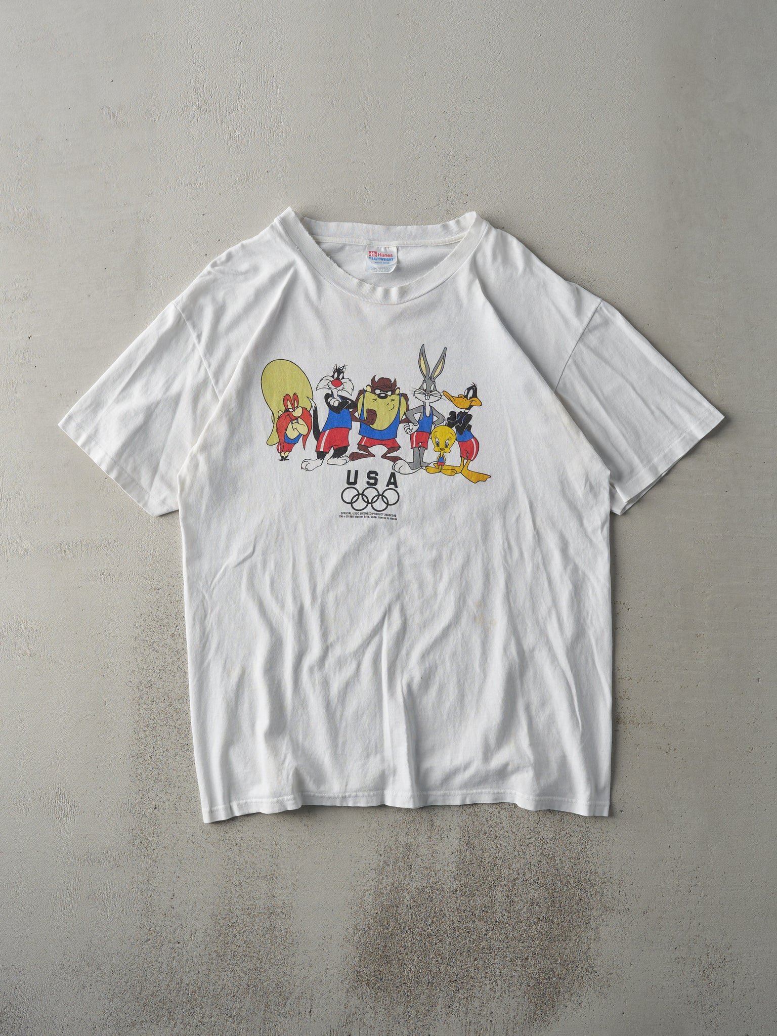 Vintage 95' White Looney Tunes USA Olympics Long Tee (M)