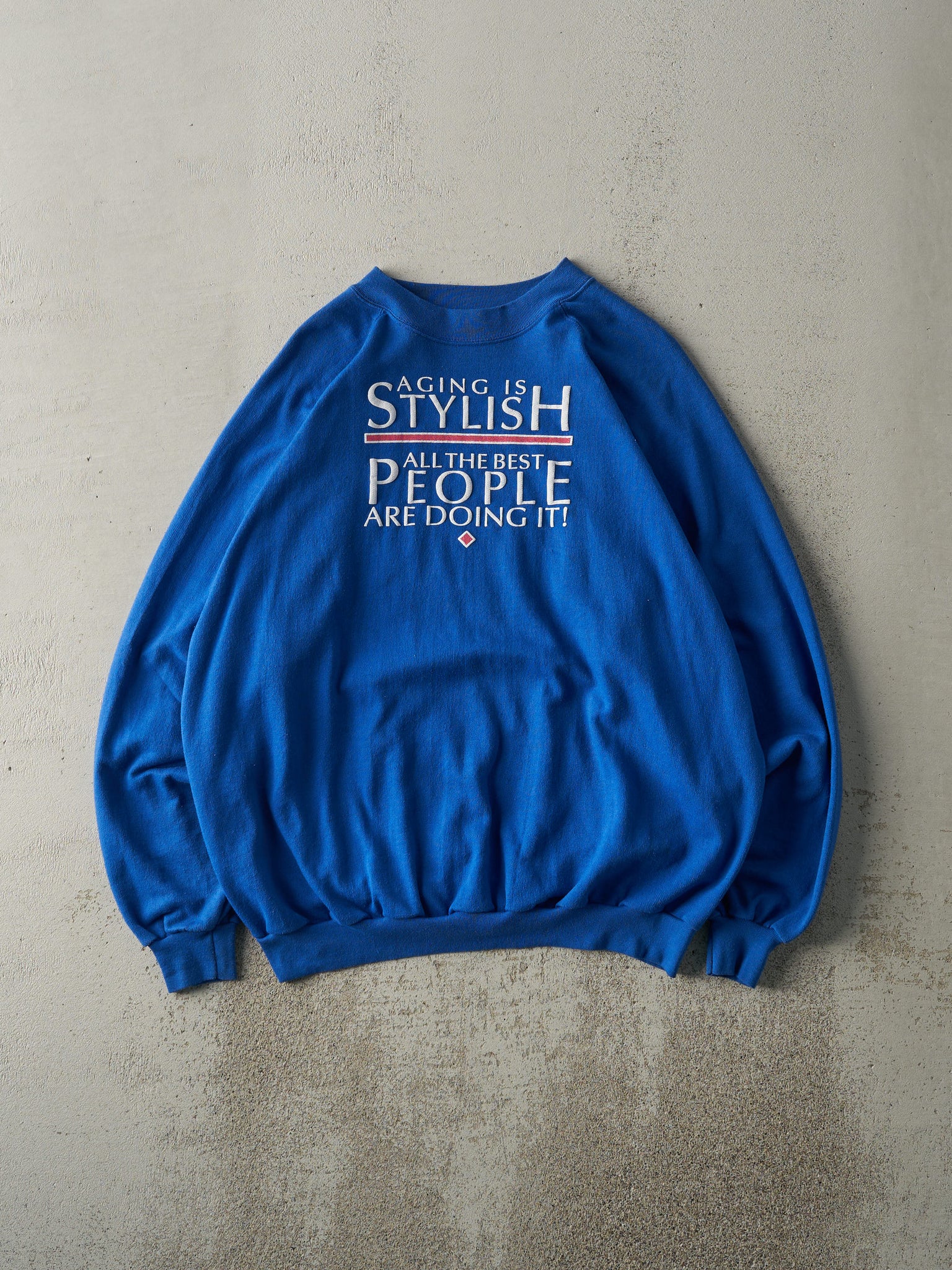 Vintage 80s Blue "Aging is Stylish" Slogan Crewneck (L)