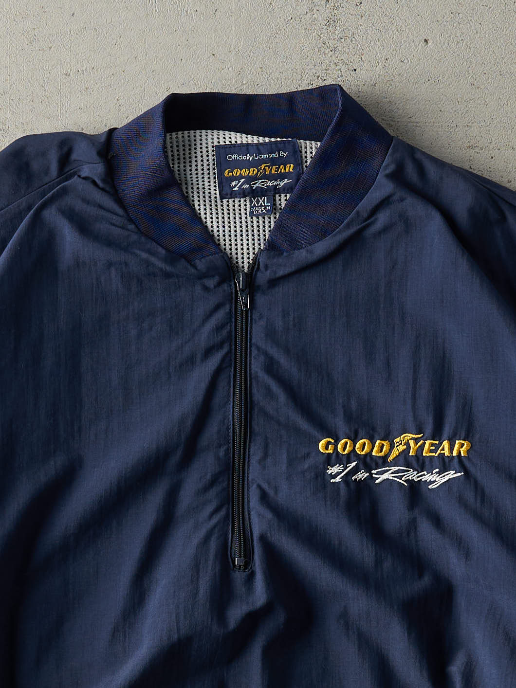 Vintage 90s Navy Blue Good Year Embroidered Quarter Zip Windbreaker Jacket (XL)