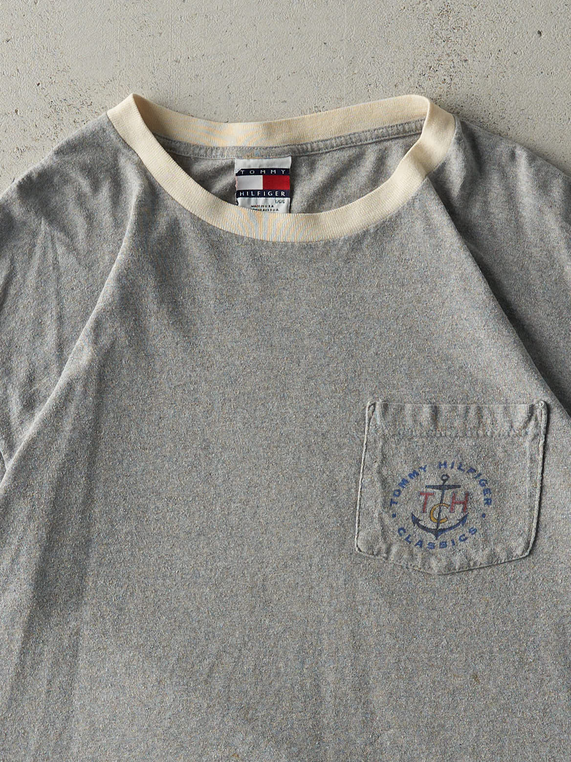 Vintage 90s Grey & Beige Tommy Hilfiger Classics Pocket Tee (L)