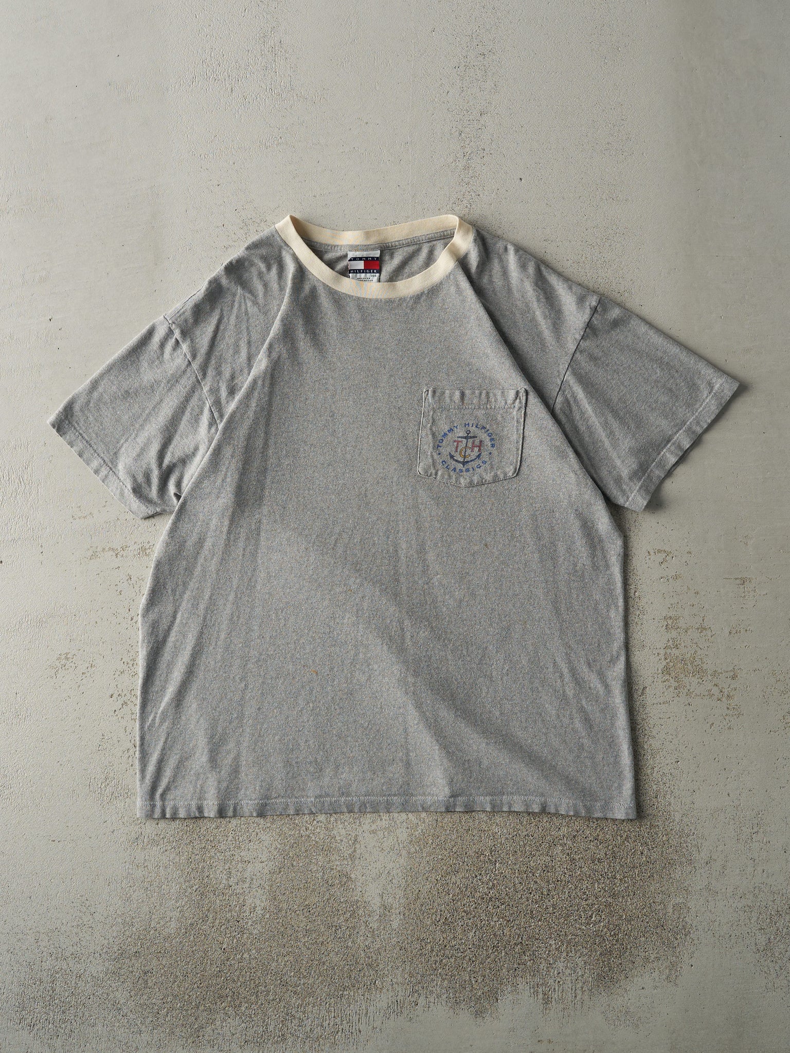 Vintage 90s Grey & Beige Tommy Hilfiger Classics Pocket Tee (L)