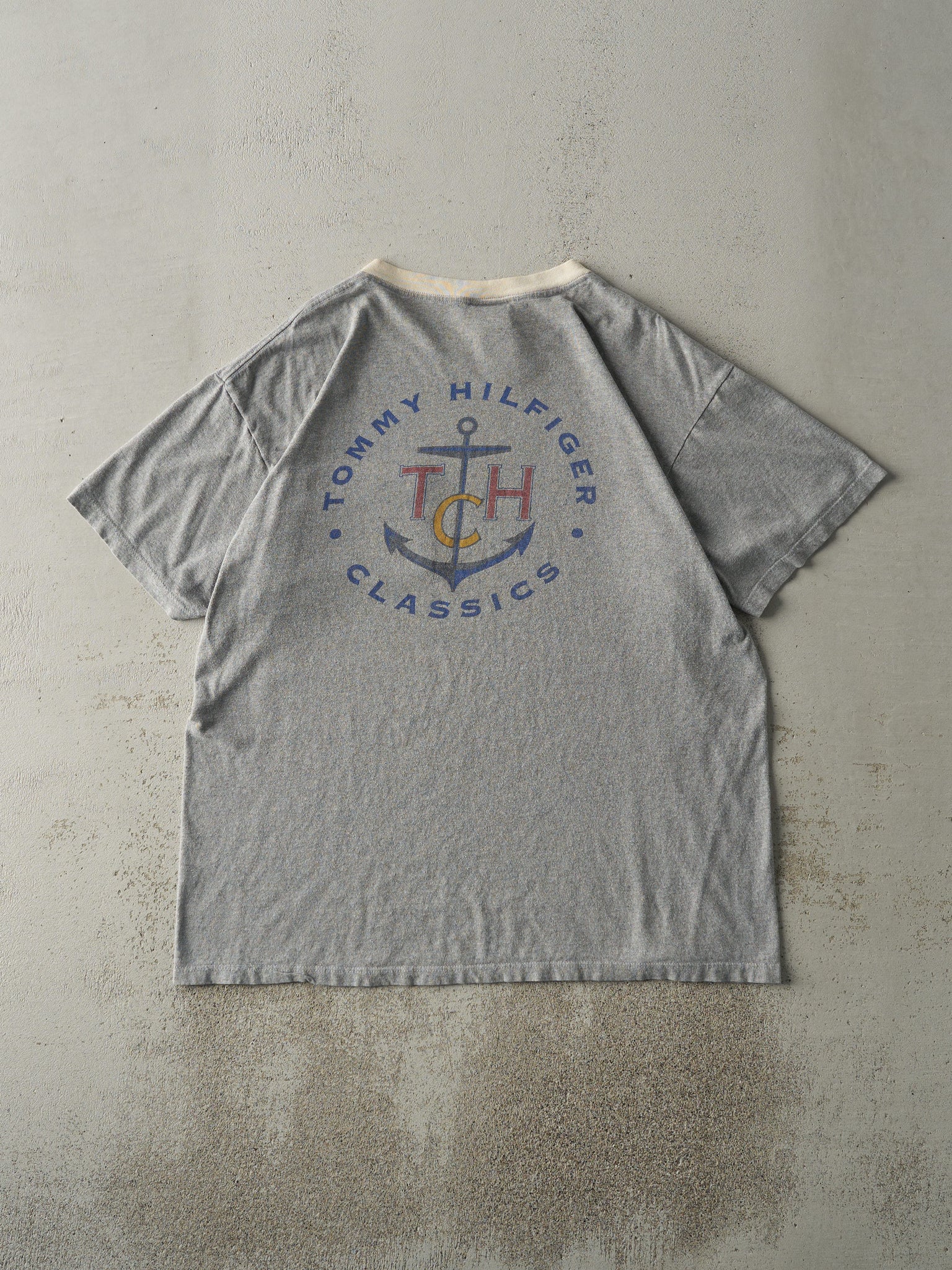 Vintage 90s Grey & Beige Tommy Hilfiger Classics Pocket Tee (L)