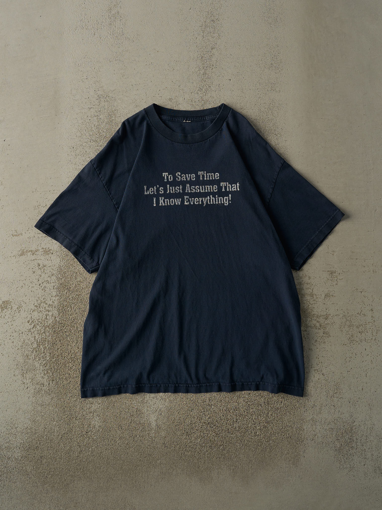 Vintage 90s Navy Blue "I Know Everything" Slogan Tee (L/XL)
