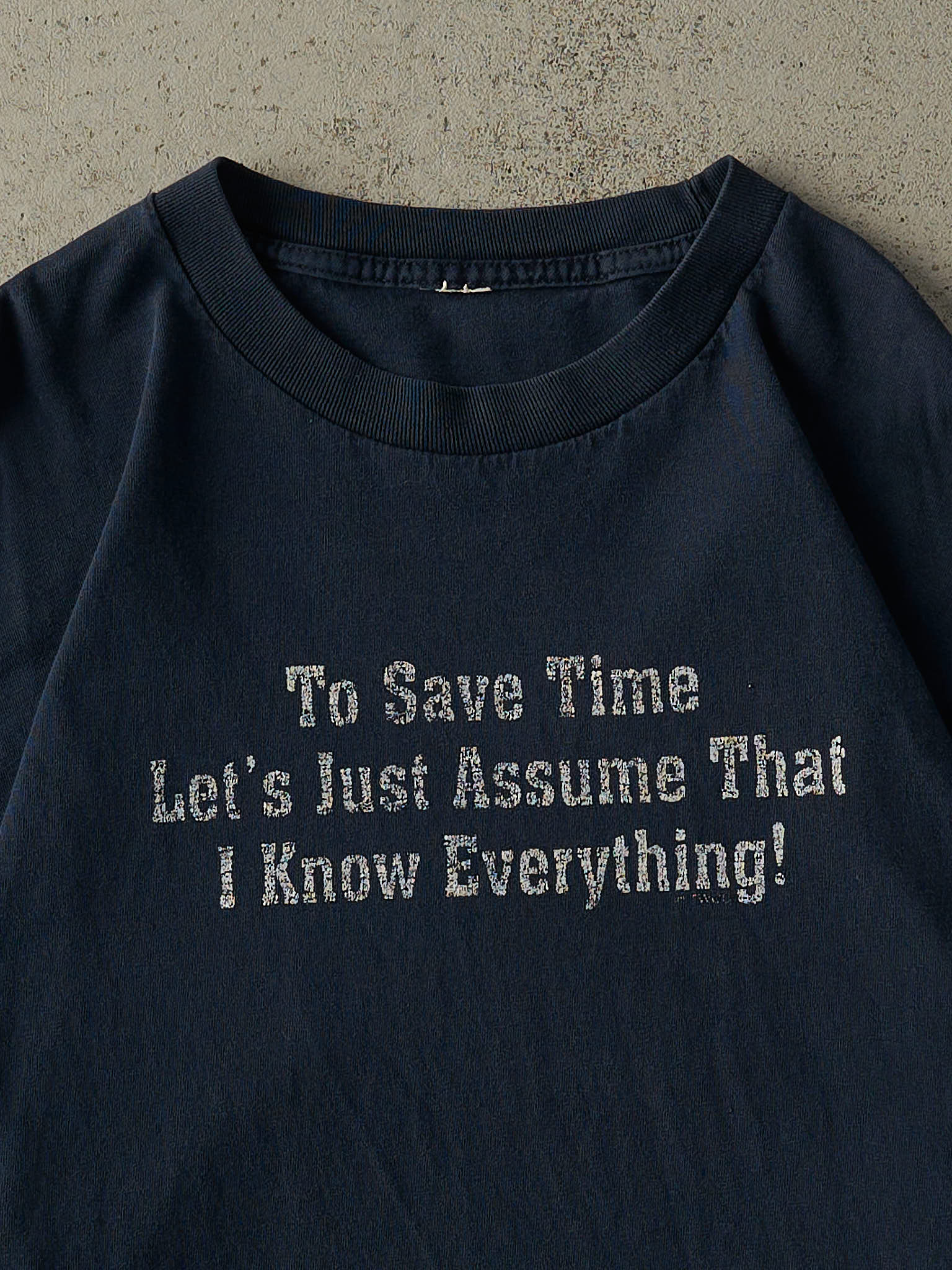 Vintage 90s Navy Blue "I Know Everything" Slogan Tee (L/XL)
