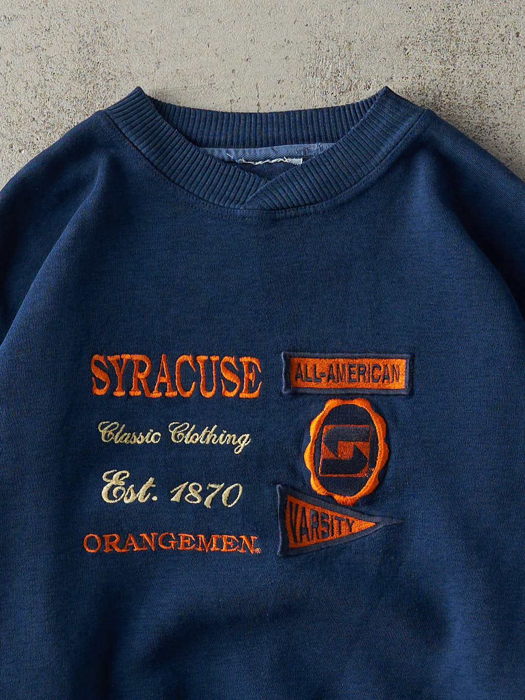 Vintage 90s Navy Blue Embroidered Syracuse University Boxy Crewneck (L)