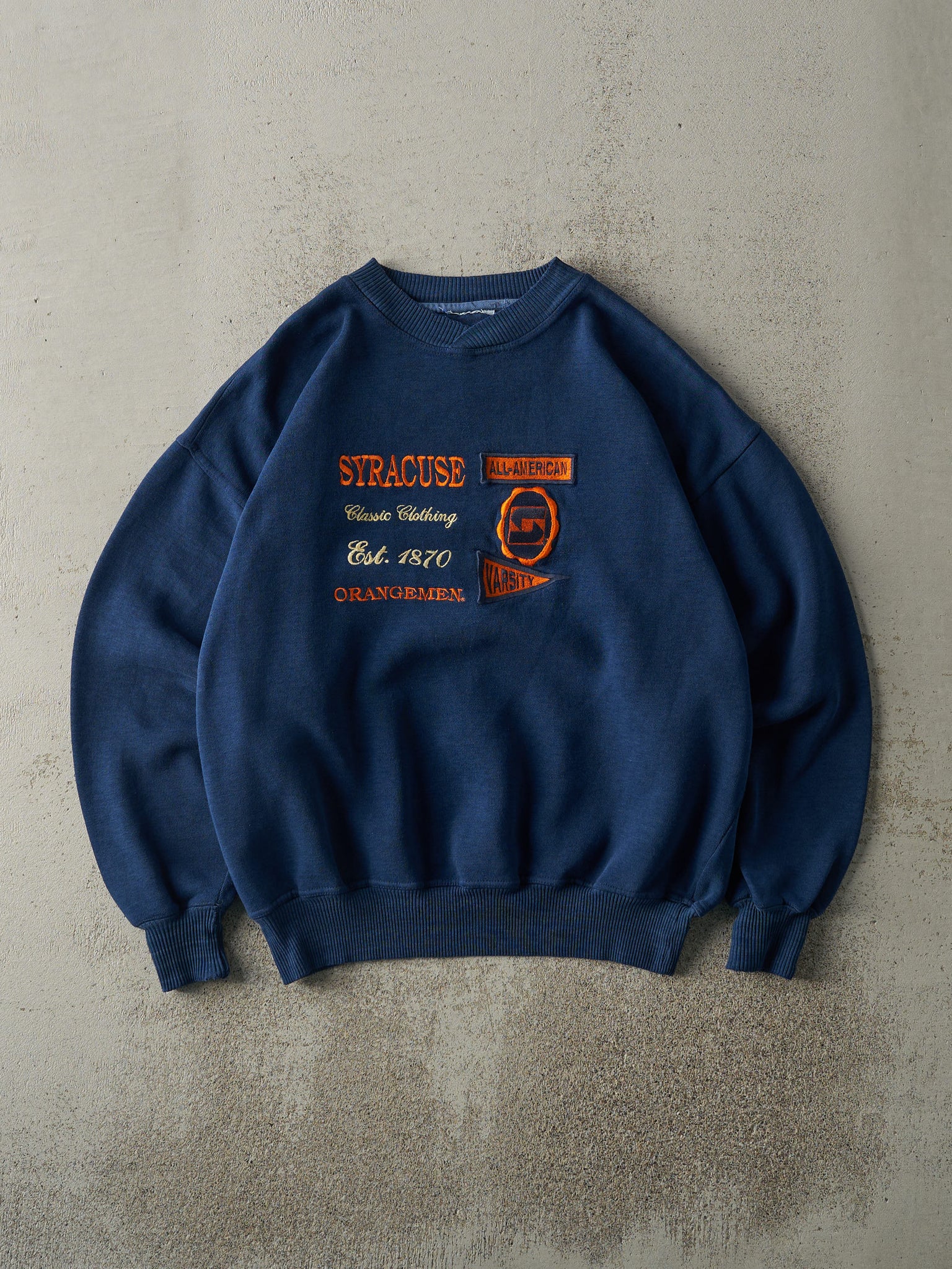 Vintage 90s Navy Blue Embroidered Syracuse University Boxy Crewneck (L)