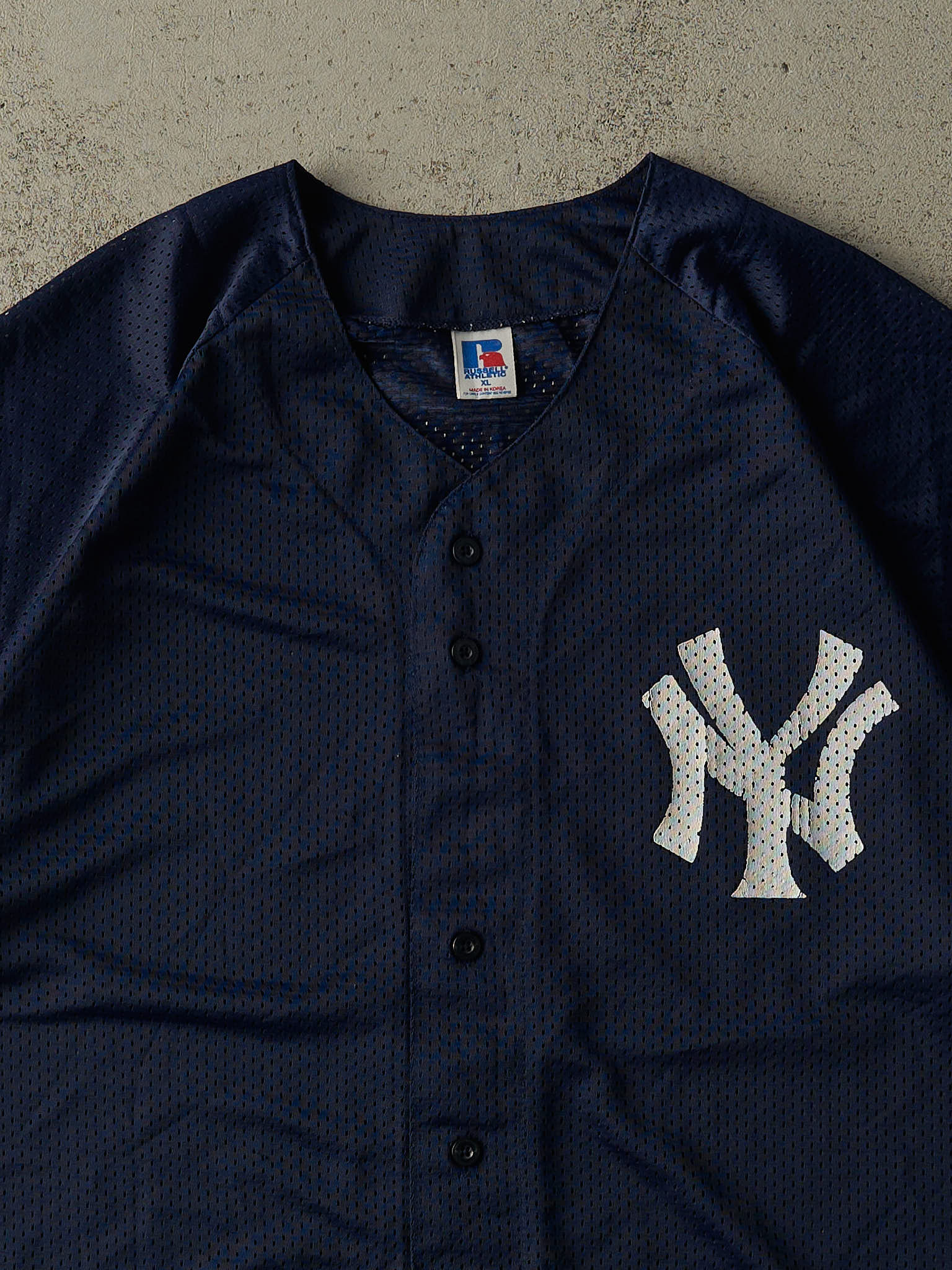 Vintage 80s Navy Blue New York Yankees Russell Athletic Mesh Jersey (XL/XXL)