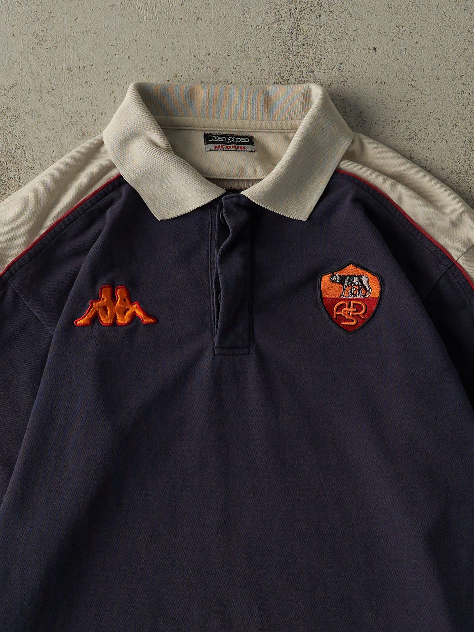 Vintage 90s Navy Blue & Beige AS Roma Quarter Button Long Sleeve (S/M)