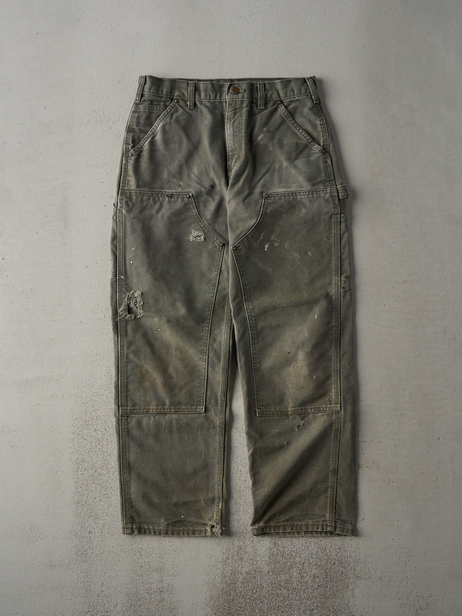 Vintage Y2K Olive Green Dungaree Fit Carhartt Double Knees Carpenter Pants (30x28)