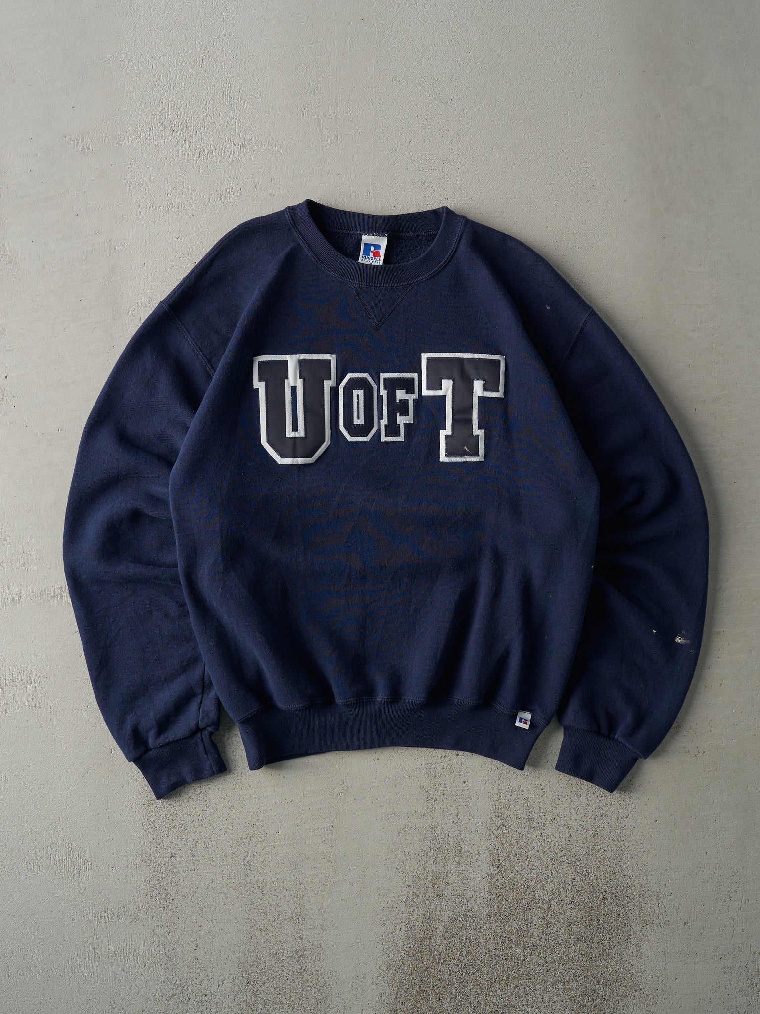 Vintage 90s RARE Navy Russell Athletics U of T Patch Crewneck (M)