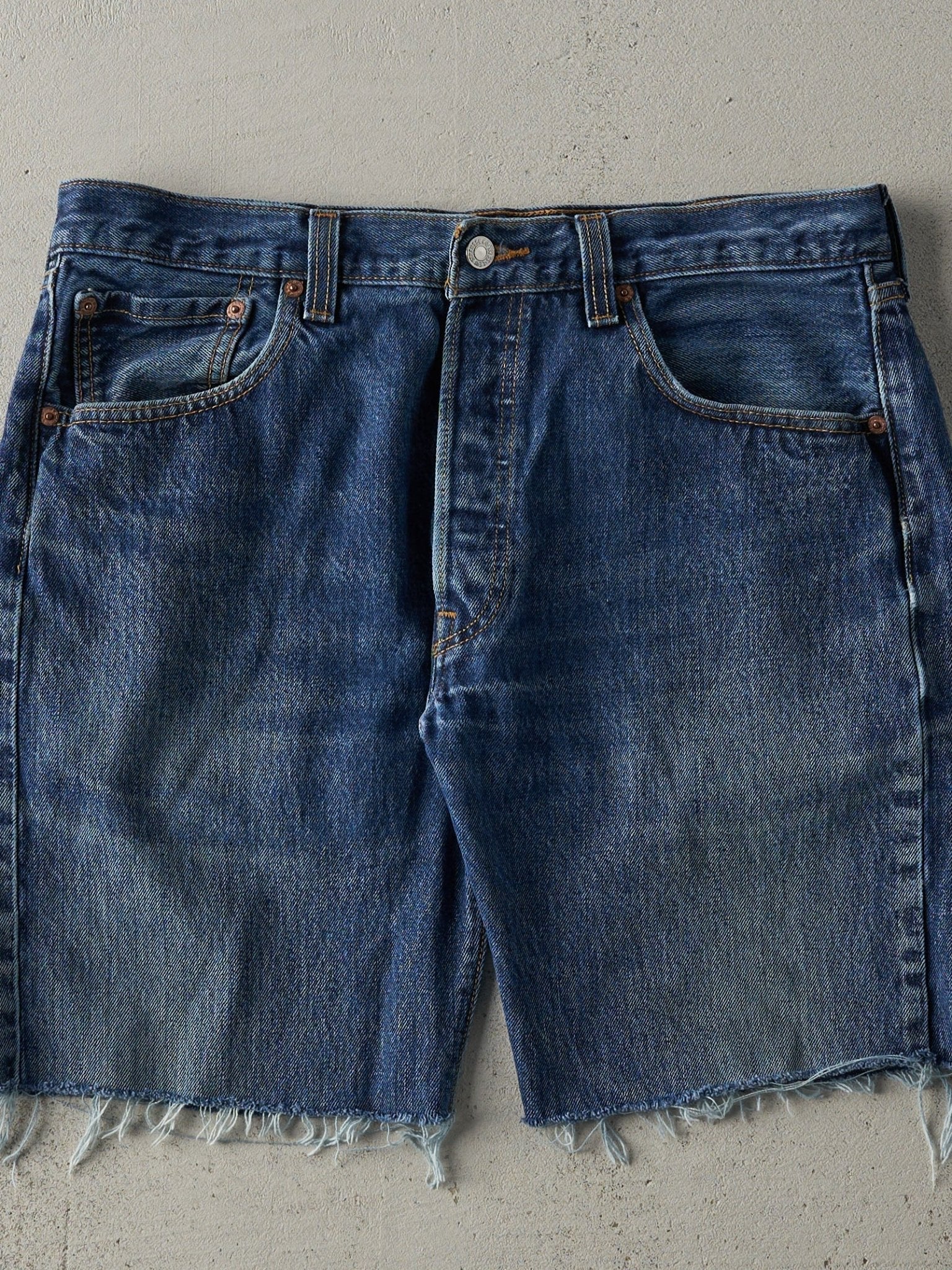 Vintage 90s Dark Wash Levi's 501 Straight Fit Cut Off Jean Shorts (34x8)