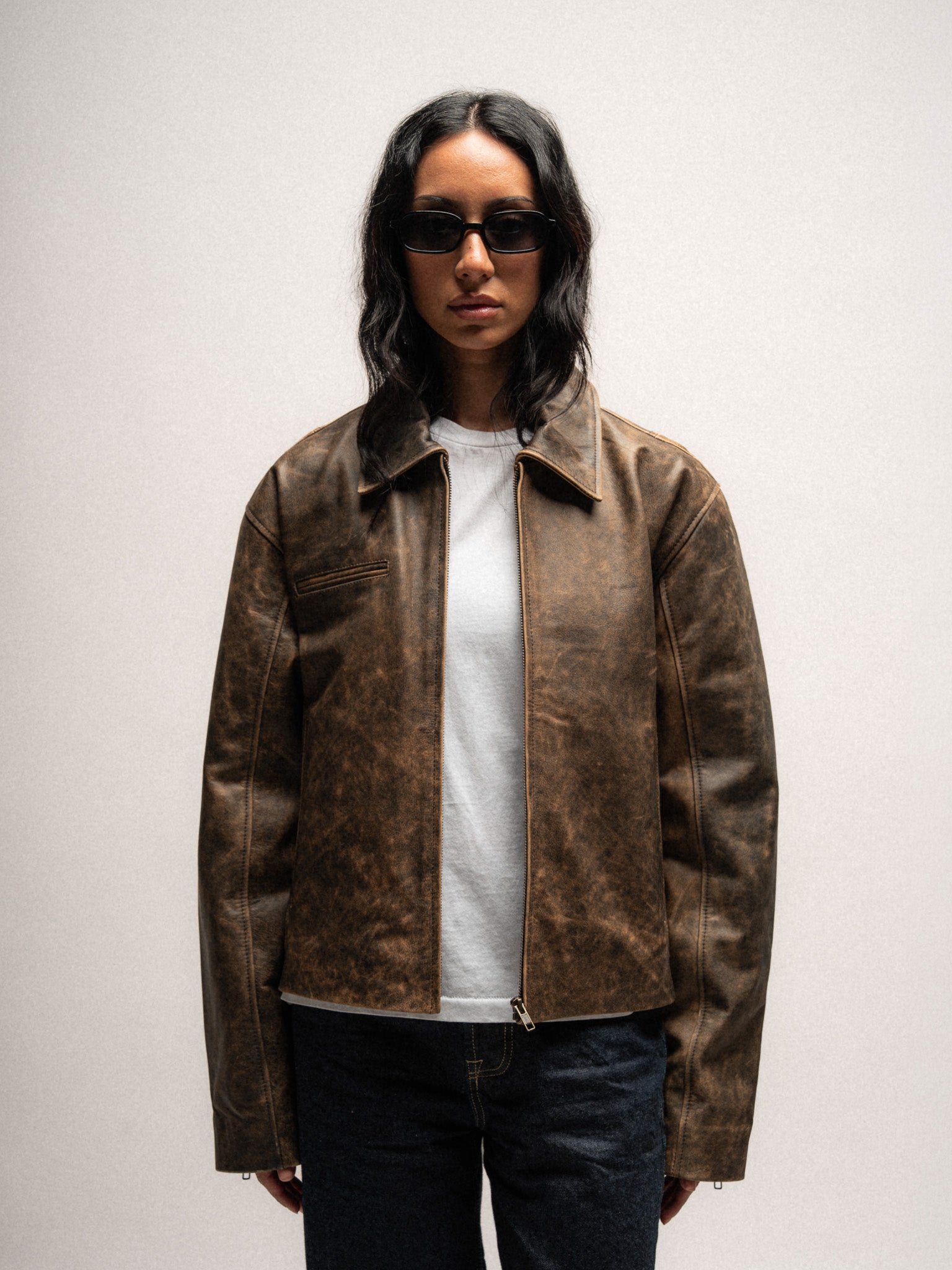 Everyday Boxy Leather Jacket - Brown