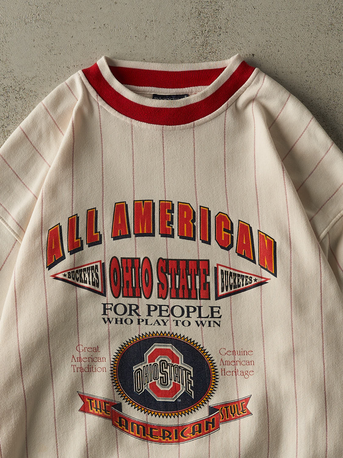 Vintage 90s White & Red Ohio State Pinstriped Crewneck (XL)