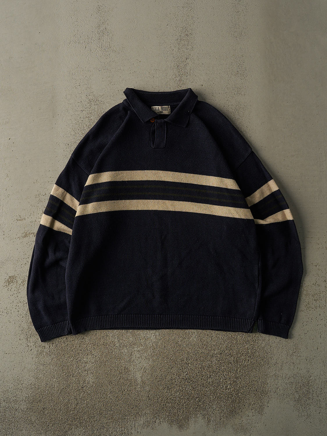 Vintage 90s Navy Blue Striped Quarter Button Collared Knit (L/XL)
