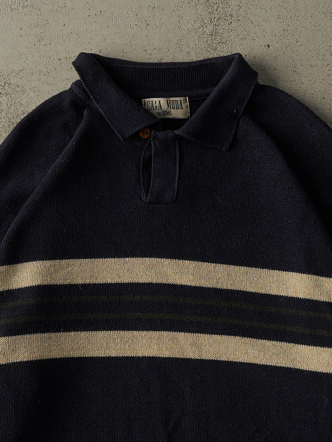 Vintage 90s Navy Blue Striped Quarter Button Collared Knit (L/XL)