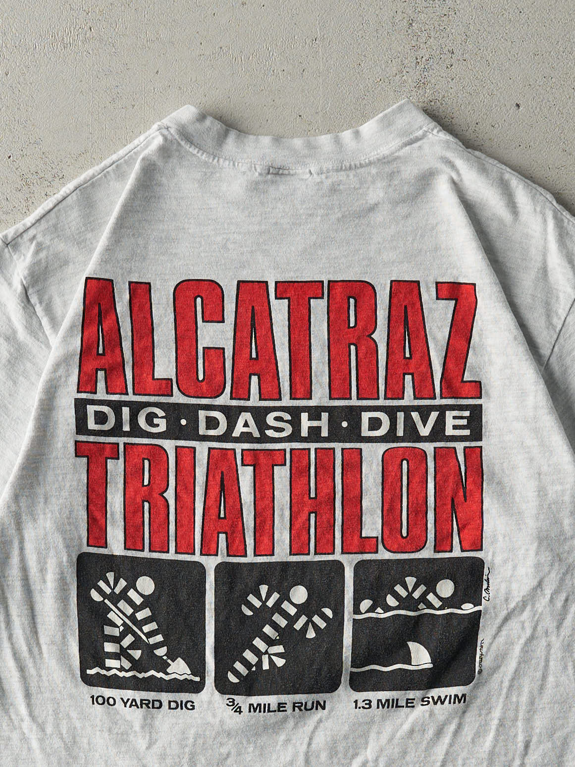 Vintage 90s Heather Grey Alcatraz Triathlon Single Stitch Tee (M)