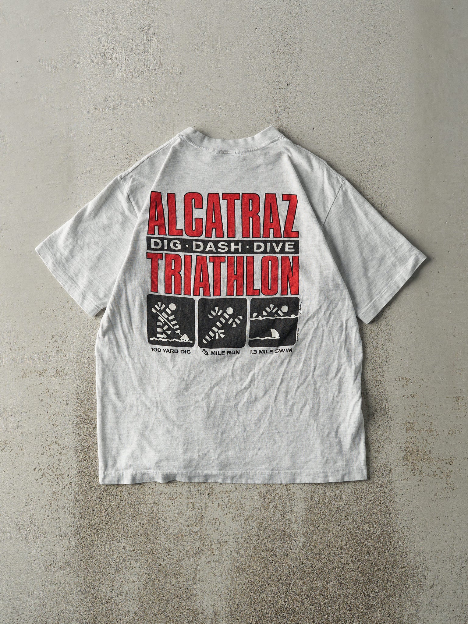 Vintage 90s Heather Grey Alcatraz Triathlon Single Stitch Tee (M)