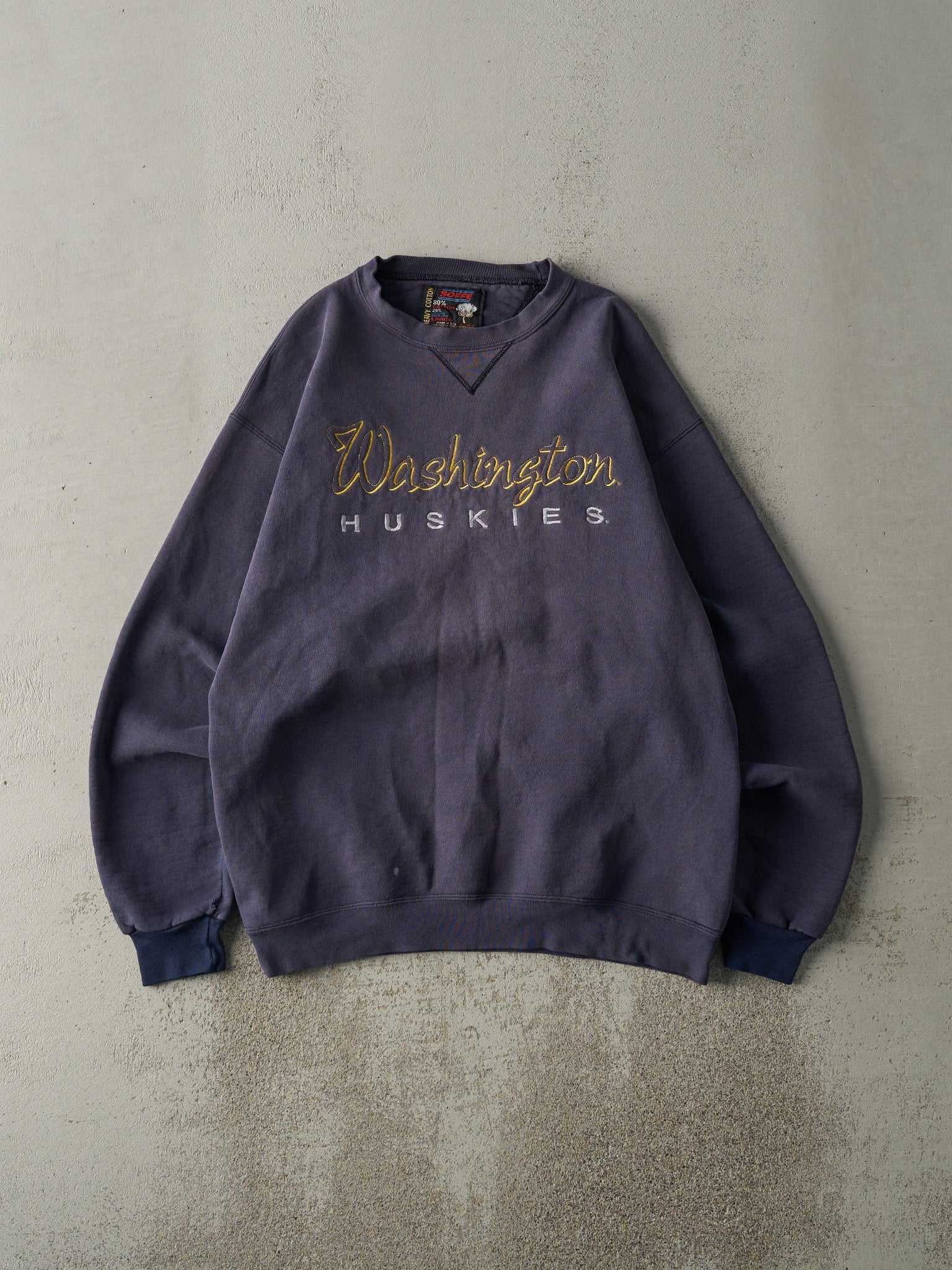 Vintage 90s Sun Faded Navy Washington Huskies Embroidered Crewneck (M)