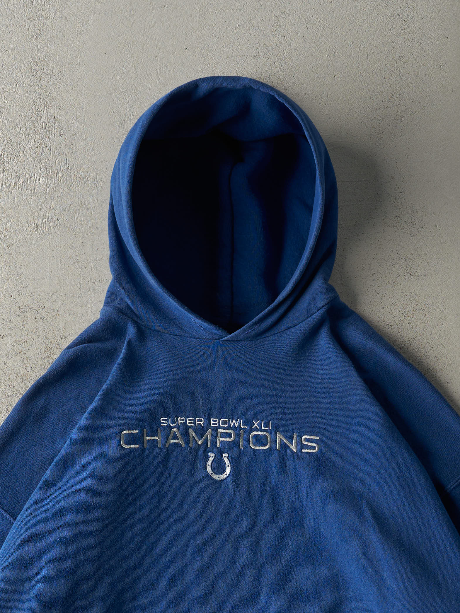 Vintage 07' Blue Indianapolis Colts Super Bowl XLI Champs Embroidered Boxy Hoodie (XXL)