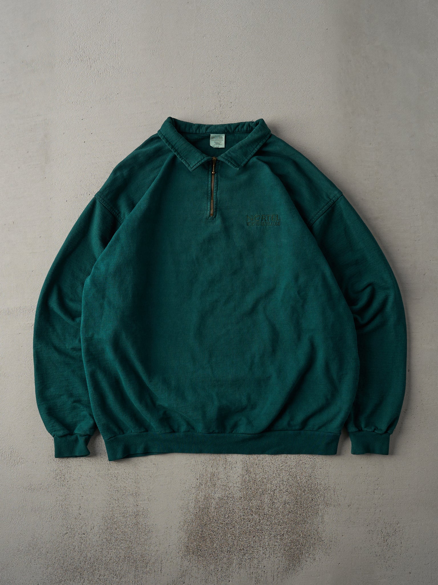 Vintage 90s Forest Green Nortel Northern Telecom Embroidered Quarter Zip Crewneck (L)