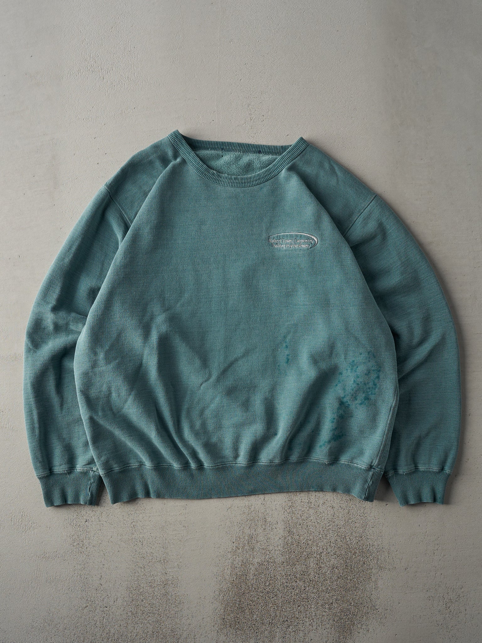 Vintage 90s Faded Green Robert Young Carpentry Embroidered Crewneck (XL)