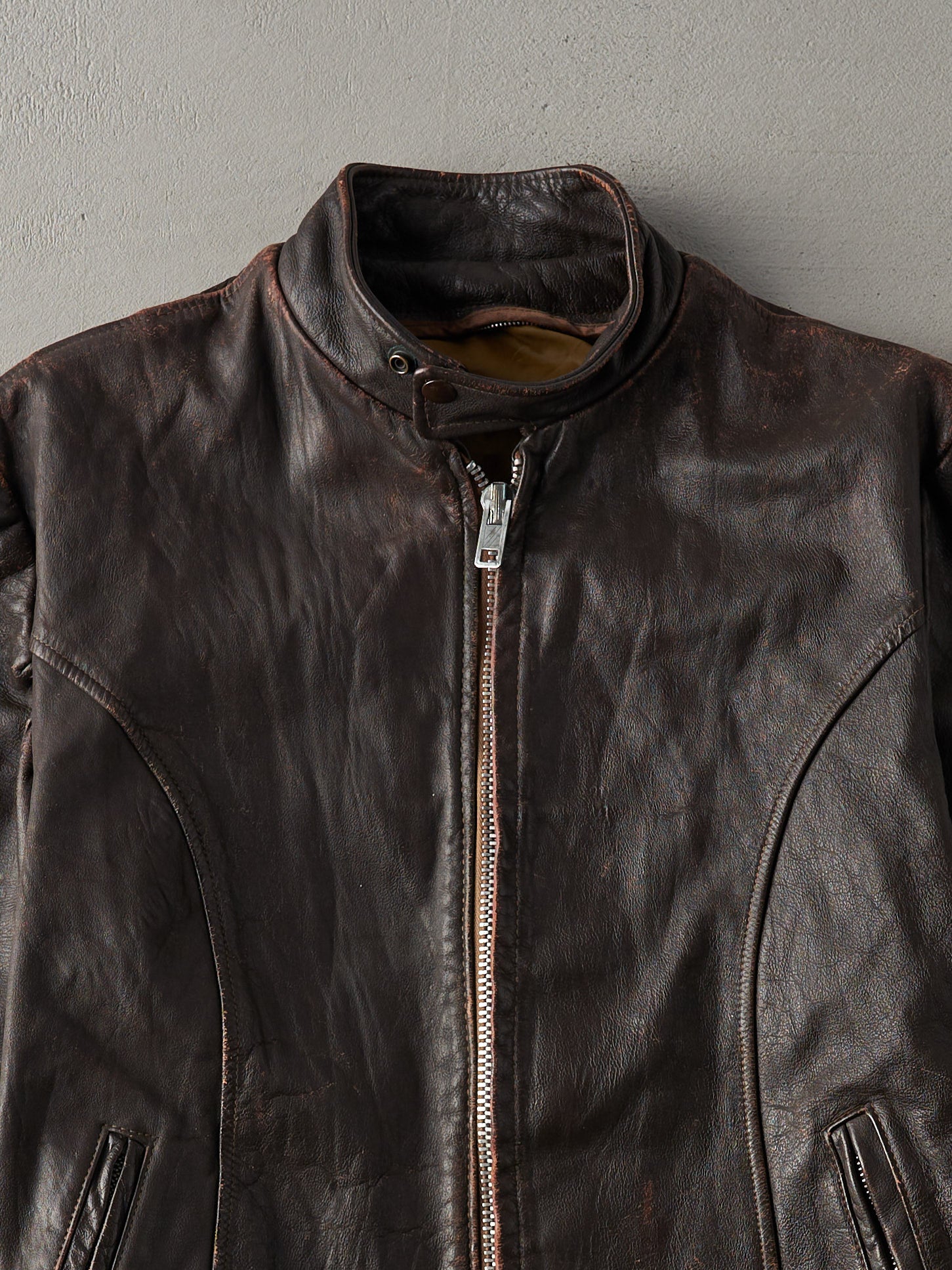 Vintage 70s Chocolate Brown Leather Biker Jacket (S)