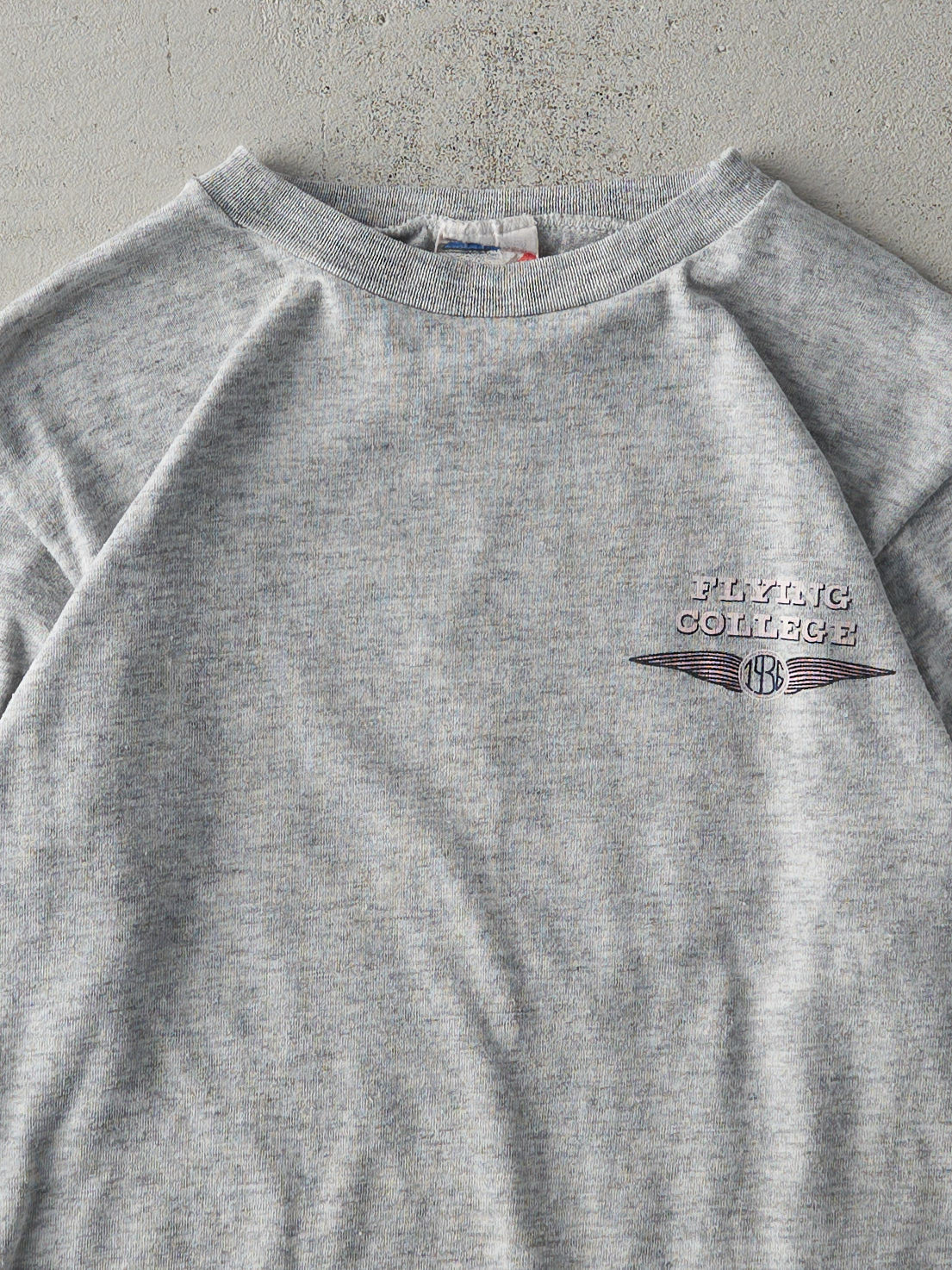 Vintage 80s Grey 3/4 Sleeve Flying College Single Stitch Tee (XS)