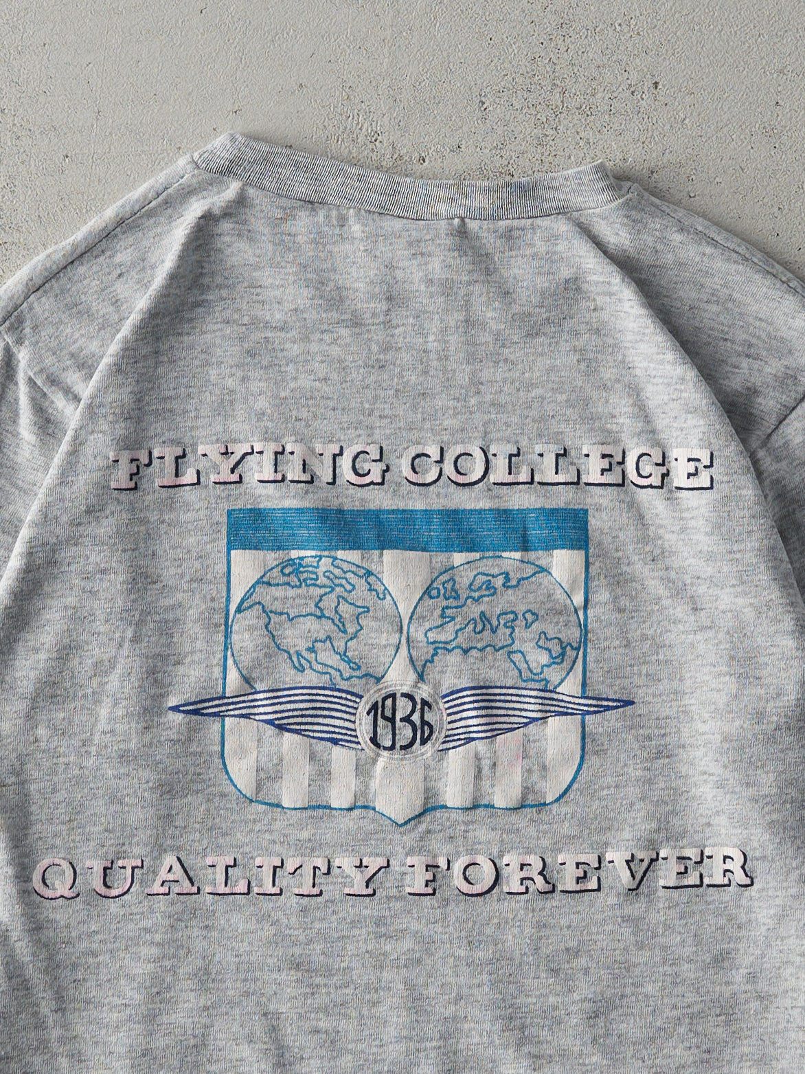 Vintage 80s Grey 3/4 Sleeve Flying College Single Stitch Tee (XS)