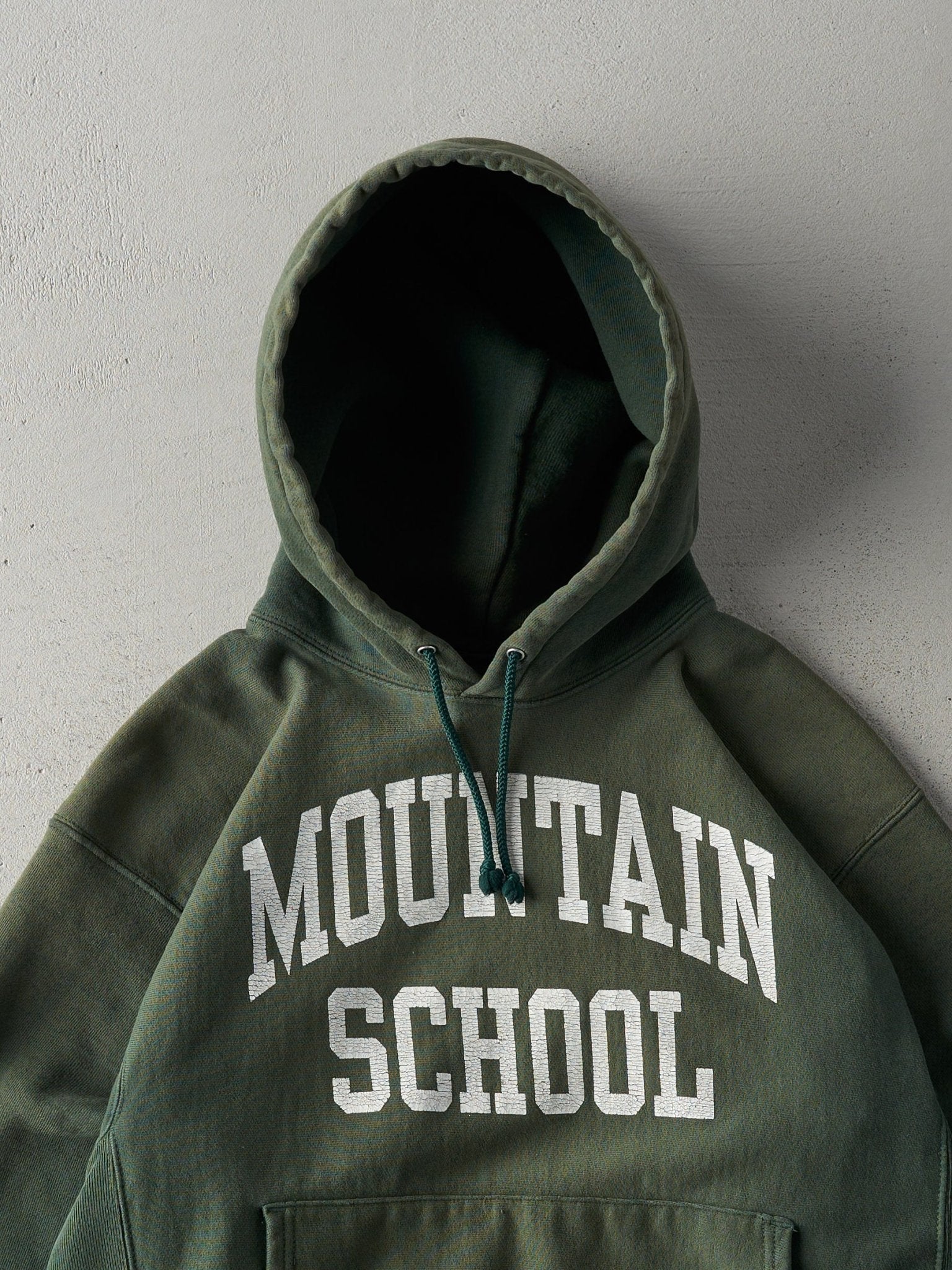 Vintage 90s Forest Green Sun Faded Mountain School Hoodie (L)