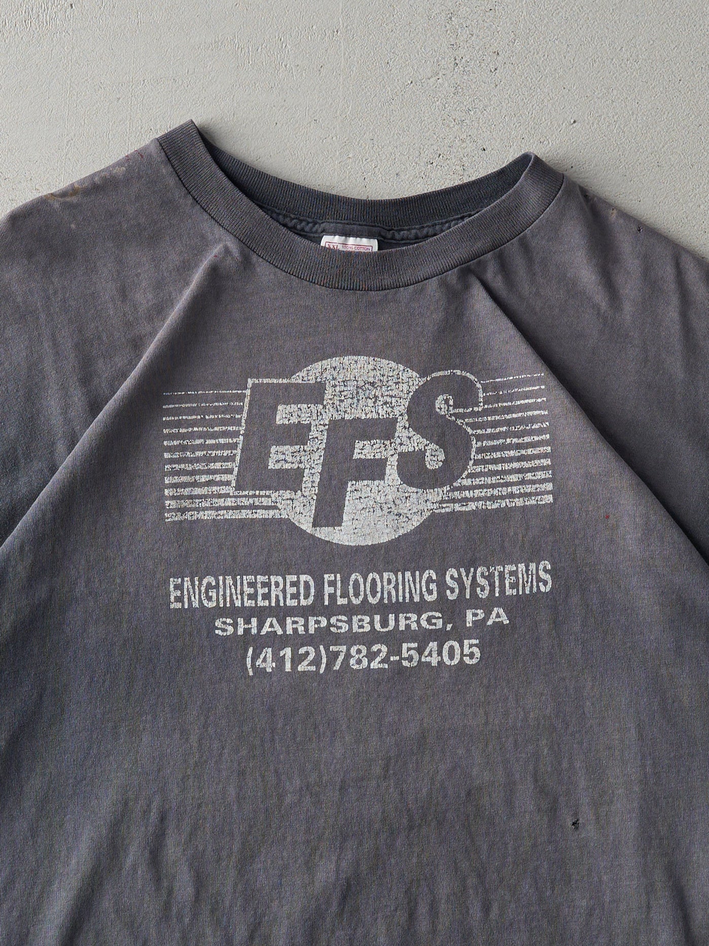 Vintage 90s Faded Black Engineered Flooring Systems Logo Tee (L/XL)