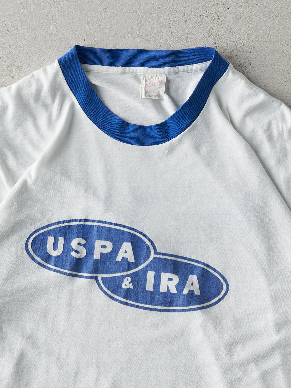 Vintage 80s White and Blue USPA & IRA Ringer Tee (M)