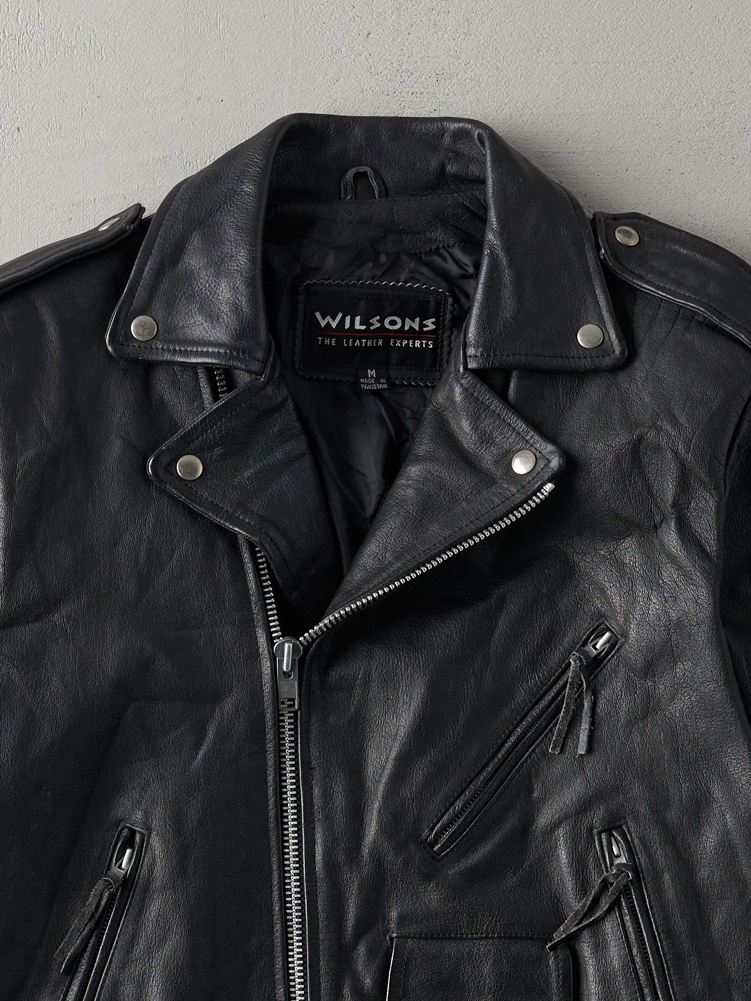 Vintage 90s Black Wilsons Leather Biker Jacket (S/M)